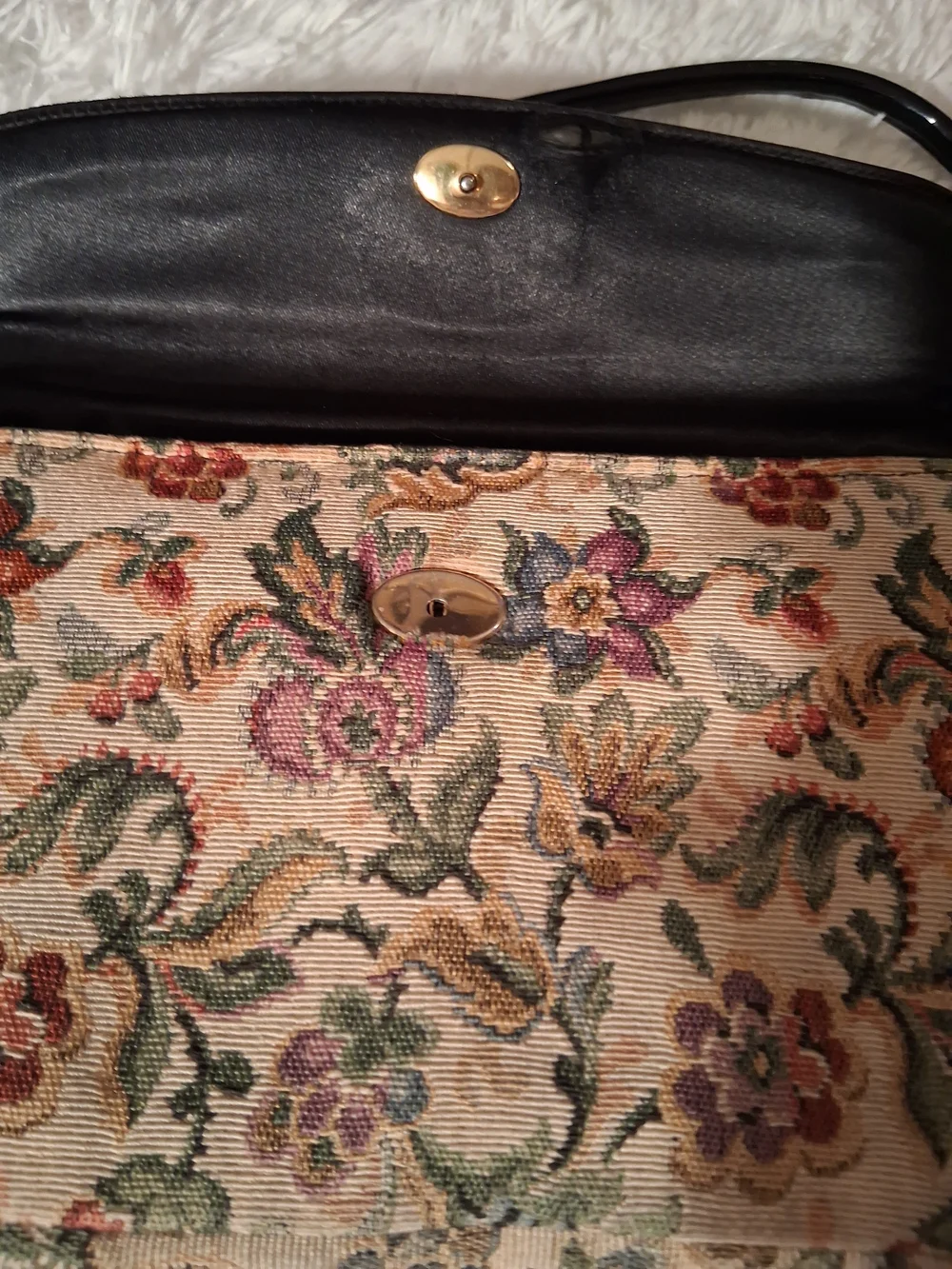 Vintage Floral Tapestry Clutch with Black Patent Handle